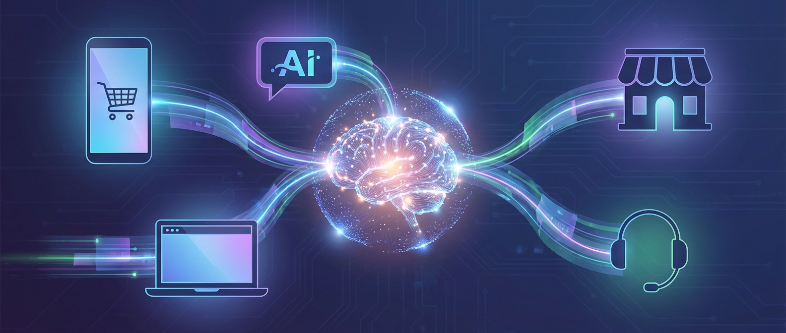 Neon brain at center connected to a phone with a shopping cart, a laptop, a shop icon, and a headset, illustrating AI in ecommerce.