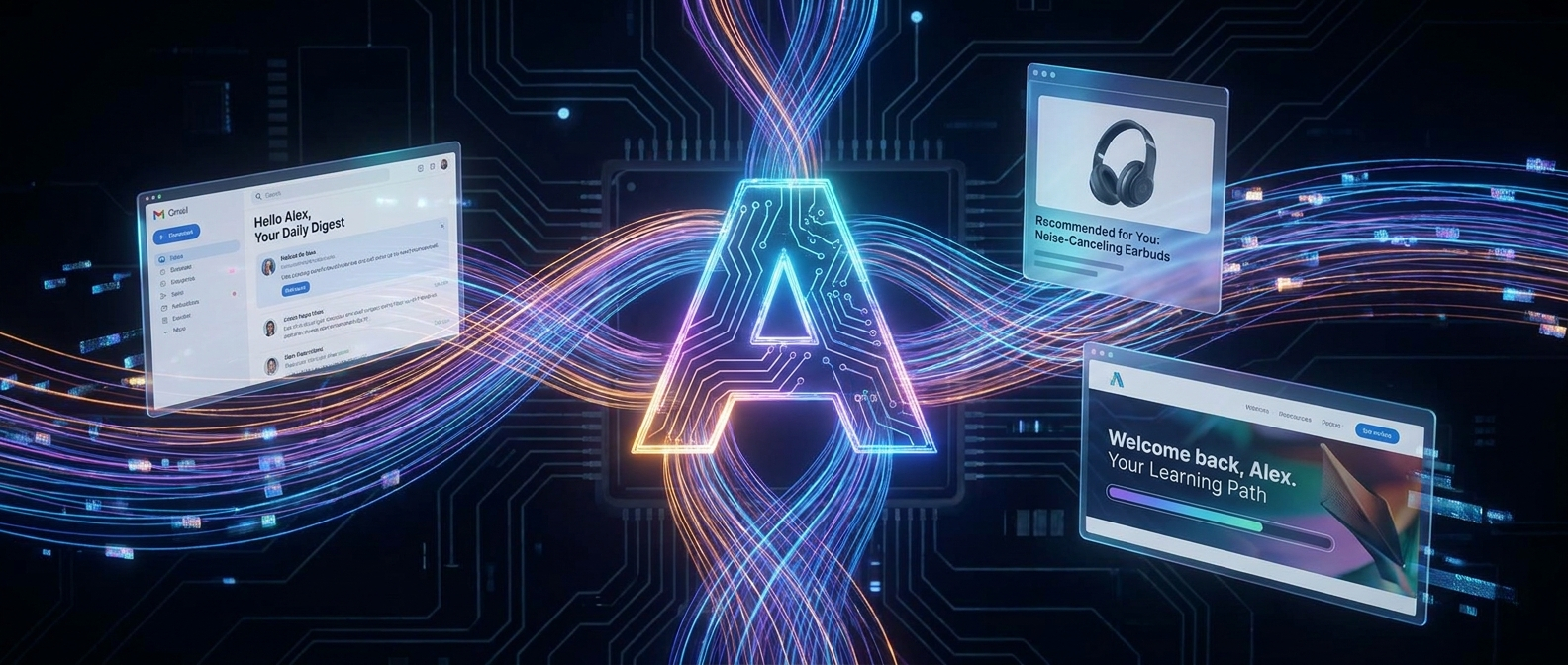 Abstract AI motif with a glowing circuit-letter A at center and floating screens showing learning apps and a headset illustration, connected by neon data streams.