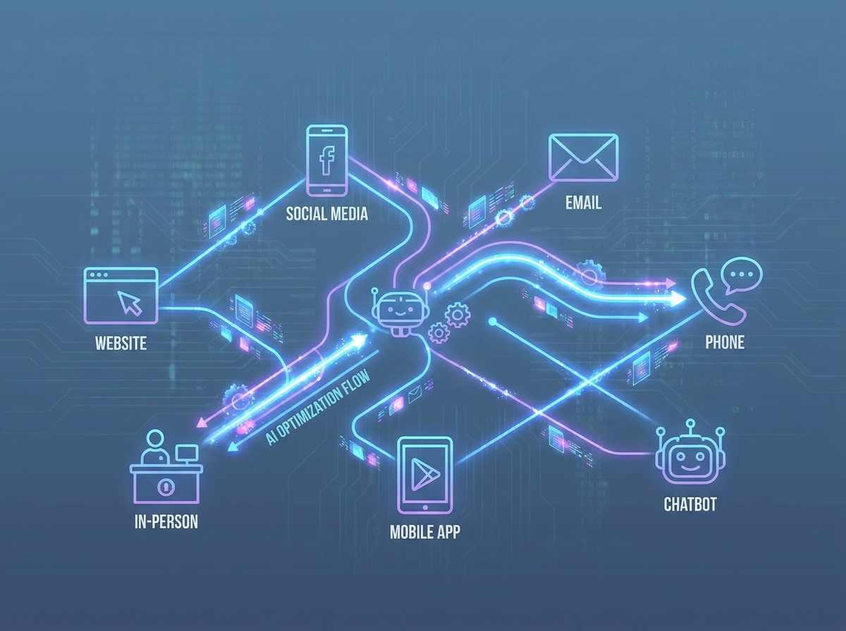 Neon infographic of AI optimization flow connecting Website, Social Media, Email, Phone, Chatbot, Mobile App, and In-Person channels.