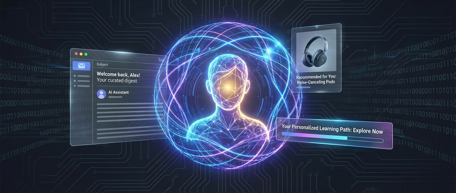 Futuristic glowing avatar inside a neon orb with floating UI panels: 'Welcome back, Alex!', AI Assistant, and a learning path bar.